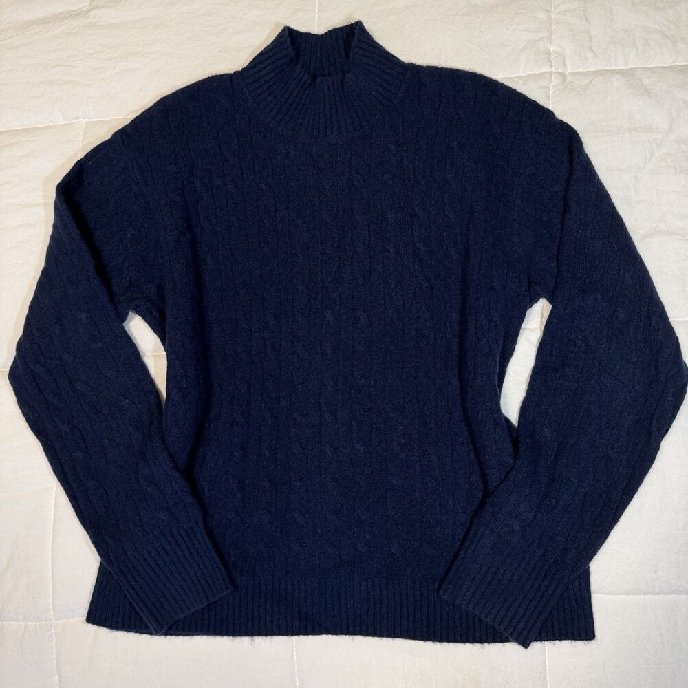 J.CREW Blue Extra Soft Wool Blend Cable Knit Mock Neck Pullover Sweater Large